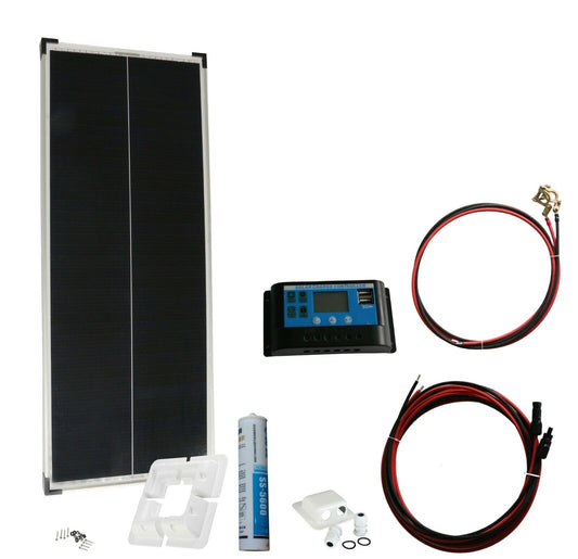 100 Watt Solar Komplettsystem für Wohnmobile, Wohnwagen und Boote, Silber Rahmen Solarmodul- 46cm