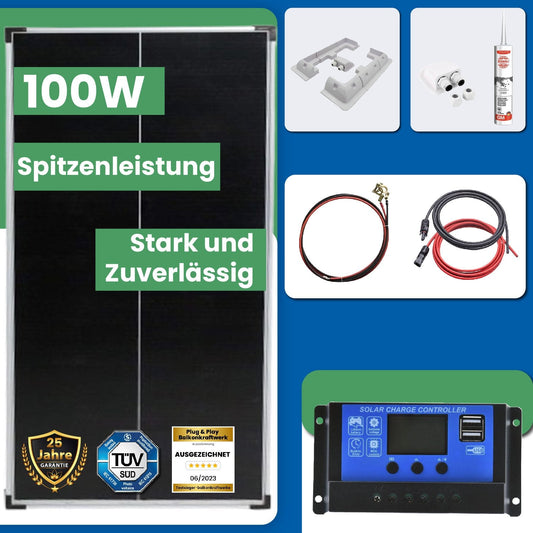 100 Watt Solar Komplettsystem für Wohnmobile, Wohnwagen und Boote, Silber Rahmen Solarmodul - 46cm - STROMDAO / Corrently