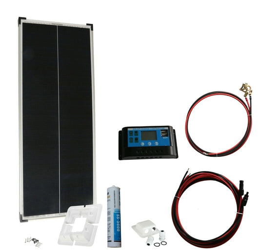 100 Watt Solar Komplettsystem für Wohnmobile, Wohnwagen und Boote, Silber Rahmen Solarmodul - 46cm - STROMDAO / Corrently