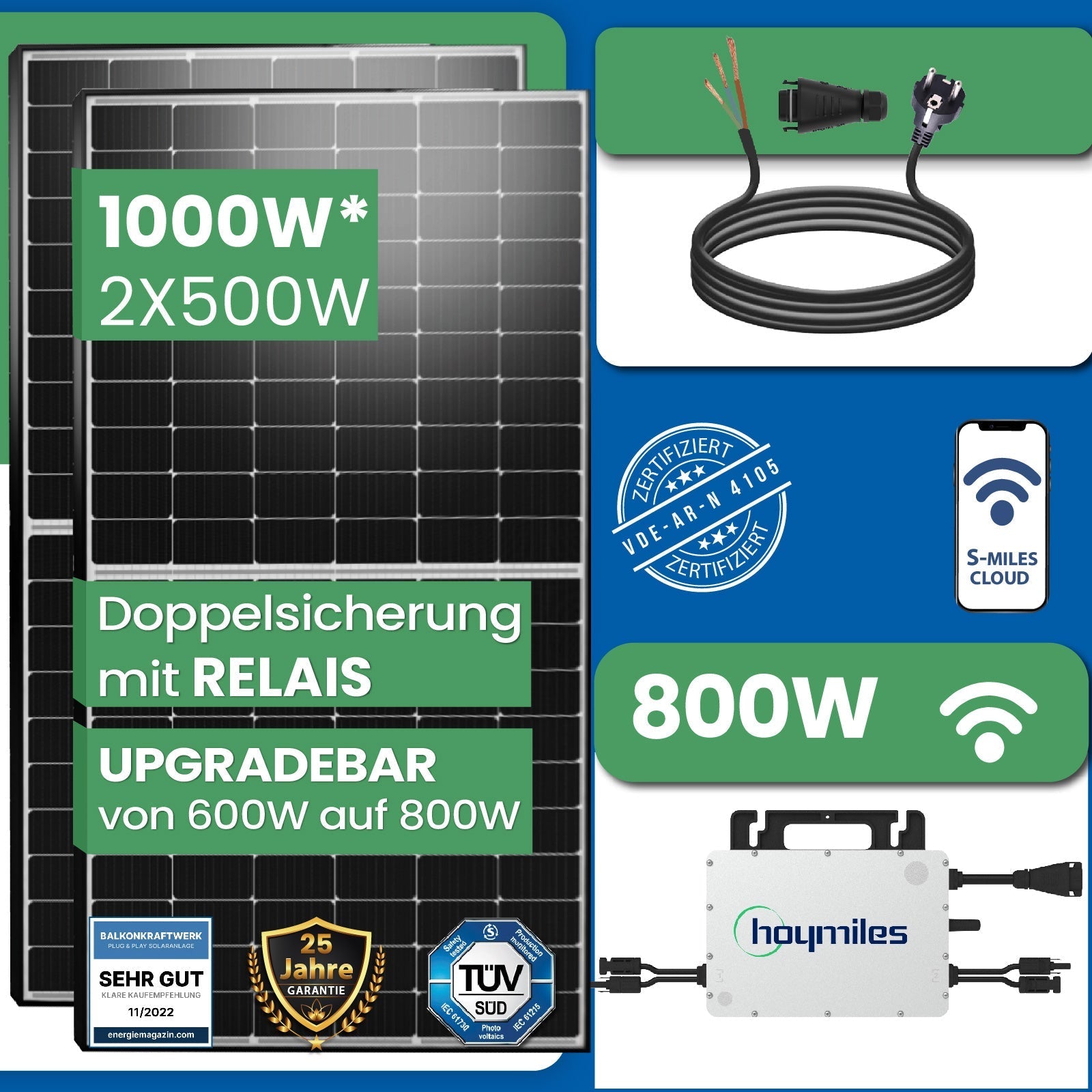 1000W Balkonkraftwerk mit Hoymiles HMS - 800W - 2T Upgradefähiger WIFI Wechselrichter - STROMDAO / Corrently