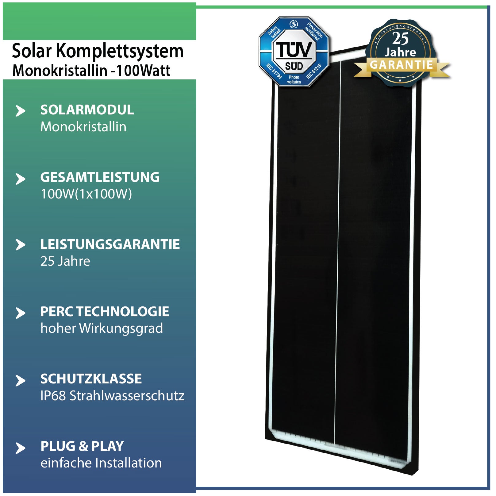 100W Photovoltaik Monokristallines Solarmodul für Camper, Wohnwagen & Wohnmobile Schwarz Rahmen - 46 cm - STROMDAO / Corrently