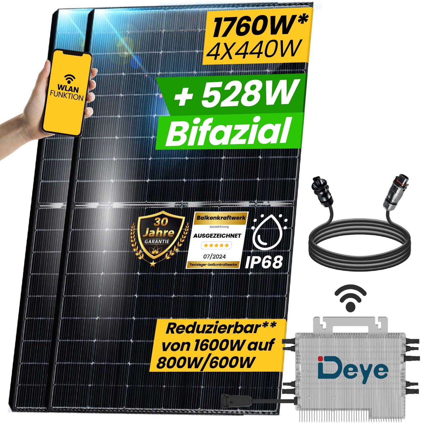 1760W Balkonkraftwerk Bifazial Komplettset 1600W Photovoltaik Solaranlage mit DEYE 1600W WIFI Wechselrichter Mini PV Anlage - STROMDAO / Corrently