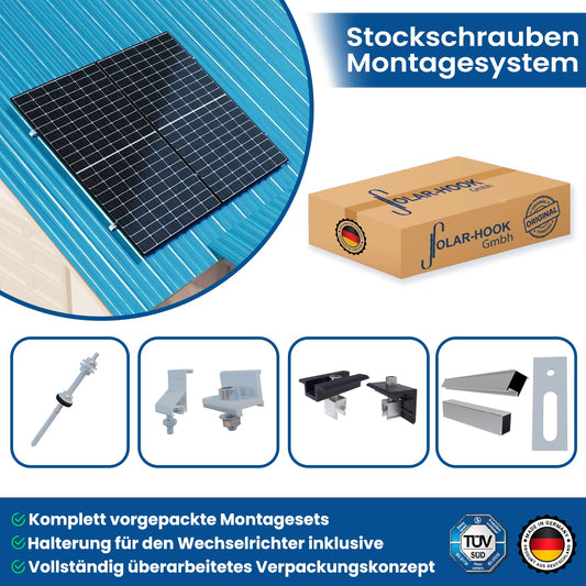 Stockschrauben PV Montagesystem für Wellblech, Blechdach, Wellplatten, geeignet für 2 Module (Variante: Zusammenhängend / Einzelmontage: 2 Module zusammenhängend montiert)