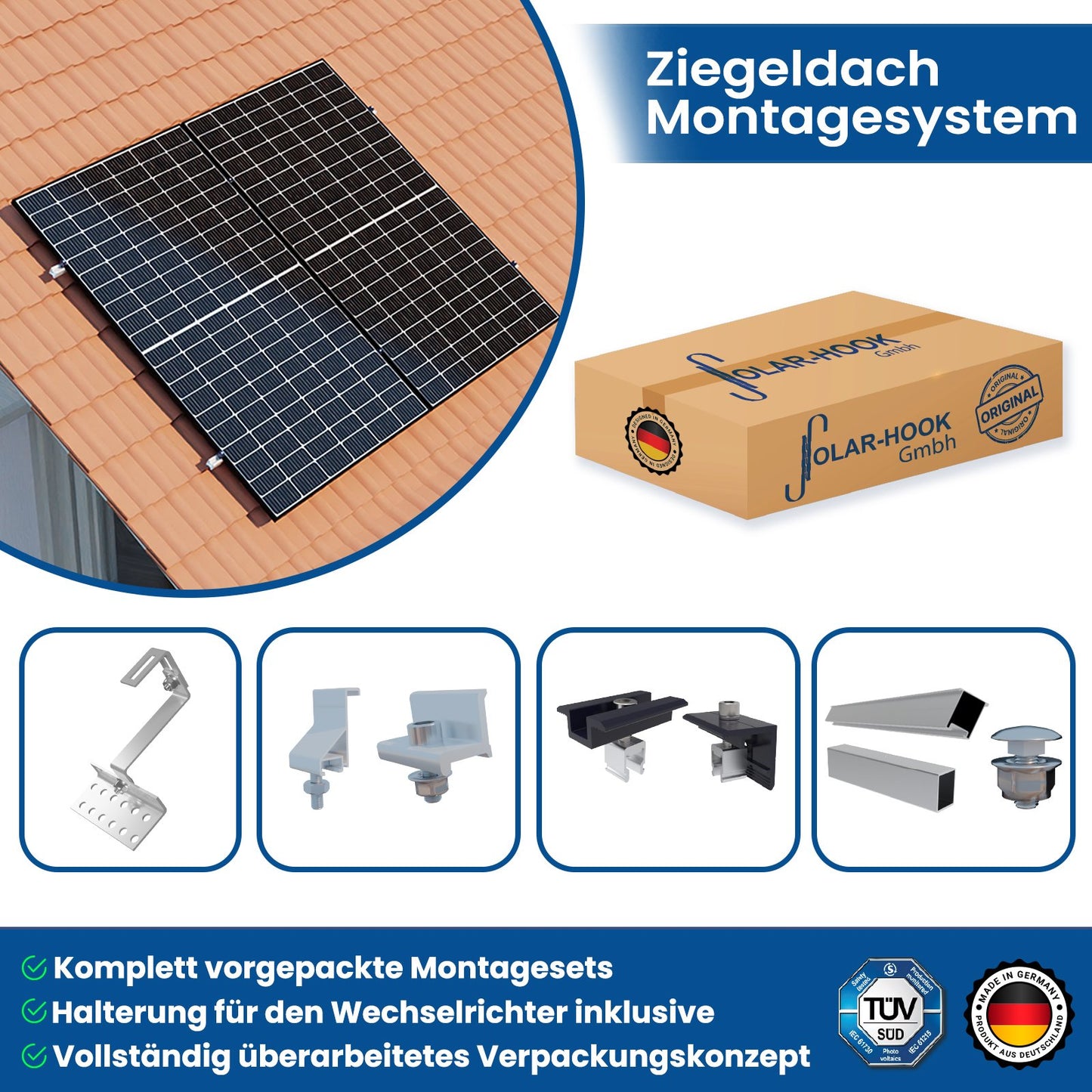 Ziegeldach PV Montagesystem für fast alle Ziegeldächer geeignet für 2 Module (Variante: Zusammenhängend / Einzelmontage: 2 Module zusammenhängend montiert)