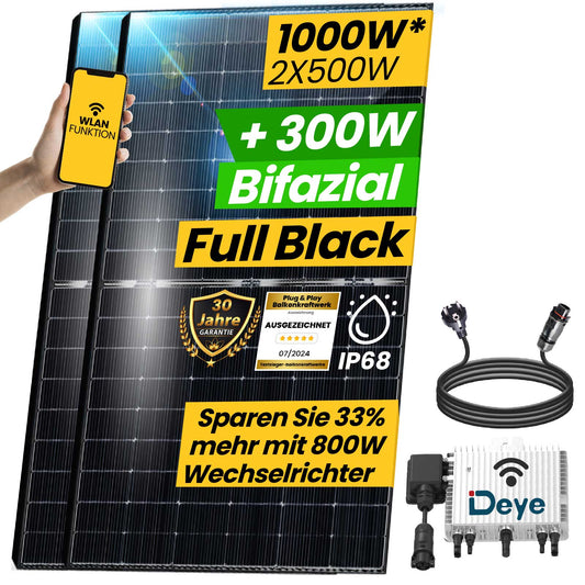 Balkonkraftwerk Komplettset 1000W Bifazial | Deye Wechselrichter 800W | Photovoltaik Solaranlage mit 3m Schukostecker