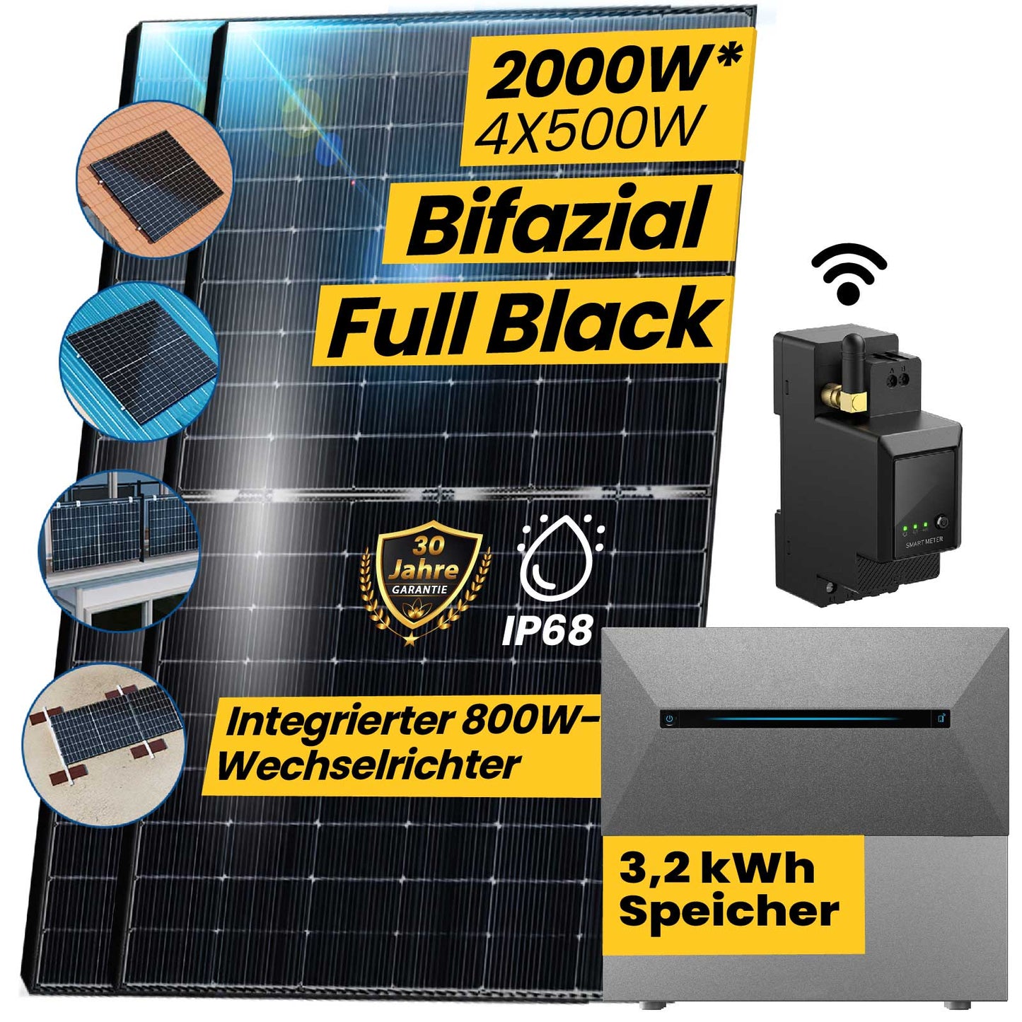 All in one 2000W Balkonkraftwerk mit Speicher Komplettset 3,2 kWh Anker Pro Speicher (Variante: Montagematerial: Balkongeländer (rund))