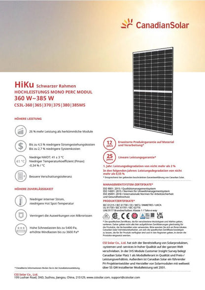 Canadian Solar 375W Mono Solarpanel PERC HiKu CS3L-375MS