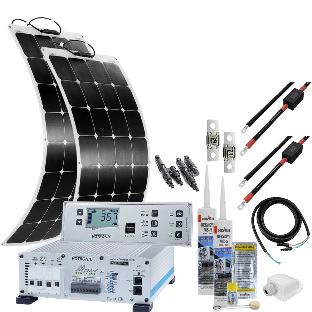 Offgridtec mTriple Flex S Wohnmobil Solaranlage mit 2 x 120W Solarmodul 30/20/250 Votronic Triple Charger und 5747 VPC Jupiter Kombipanel