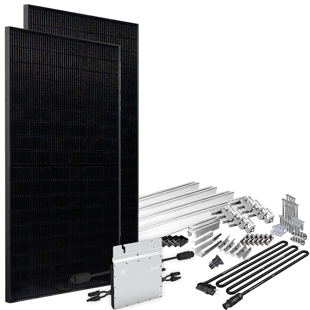 Offgridtec® Solar-Direct 860W HM-600 Balkonkraftwerk Full Black Schuko-Anschluss - 10m Anschlusskabel – Montageset Ziegeldach