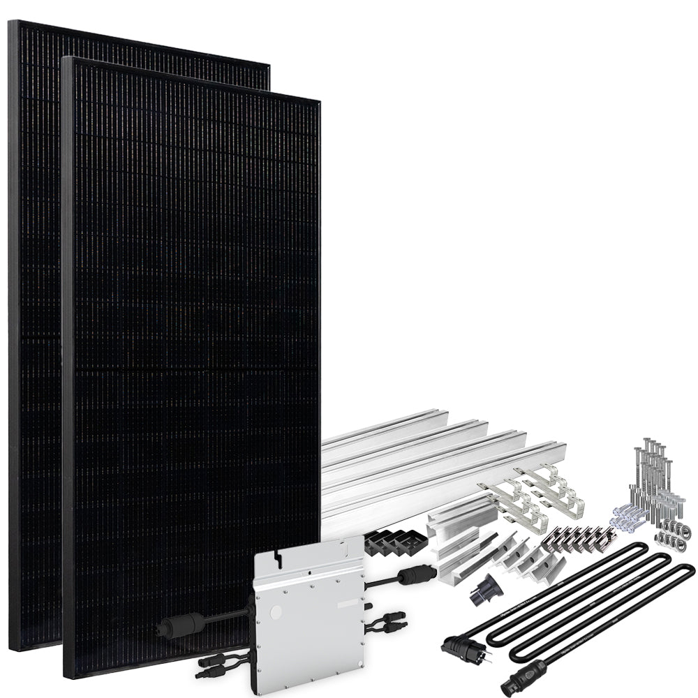 Offgridtec® Solar-Direct 860W HM-600 Balkonkraftwerk Full Black Schuko-Anschluss - 15m Anschlusskabel – Montageset Biberschwanz