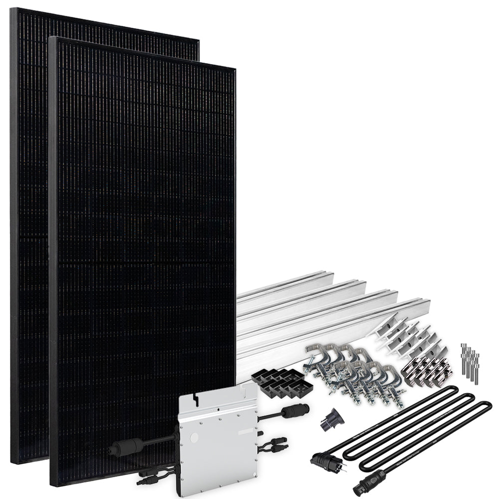 Offgridtec® Solar-Direct 860W HM-600 Balkonkraftwerk Full Black Schuko-Anschluss - 5m Anschlusskabel – Montageset Balkongeländer