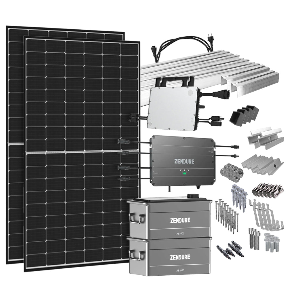 Offgridtec® SolarFlow 1,92 kWh Speicher 880W HMS-800W-2T Balkonkraftwerk mit Schuko-Anschluss - 5m Anschlusskabel - Montageset Biberschwanz