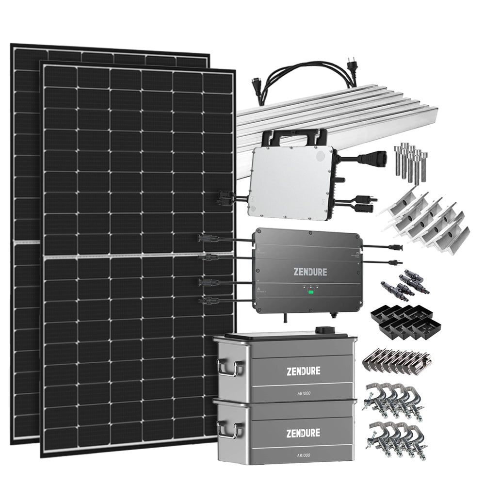 Offgridtec® SolarFlow 1,92 kWh Speicher 880W HMS-800W-2T Balkonkraftwerk mit Schuko-Anschluss - 5m Anschlusskabel - Montageset Balkongeländer