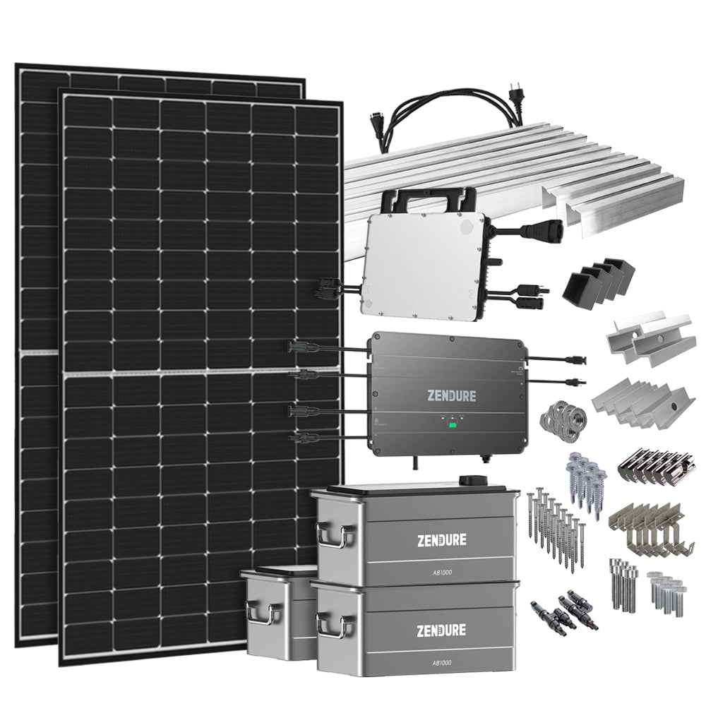 Offgridtec® SolarFlow 2,88 kWh Speicher 880W HMS-800W-2T Balkonkraftwerk mit Schuko-Anschluss - 5m Anschlusskabel - Montageset Ziegeldach