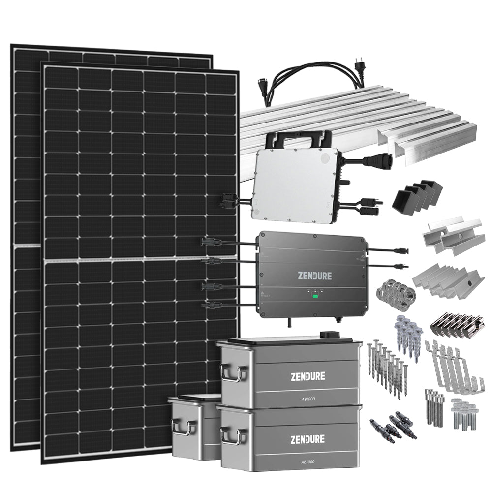 Offgridtec® SolarFlow 2,88 kWh Speicher 880W HMS-800W-2T Balkonkraftwerk mit Schuko-Anschluss - 5m Anschlusskabel - Montageset Biberschwanz