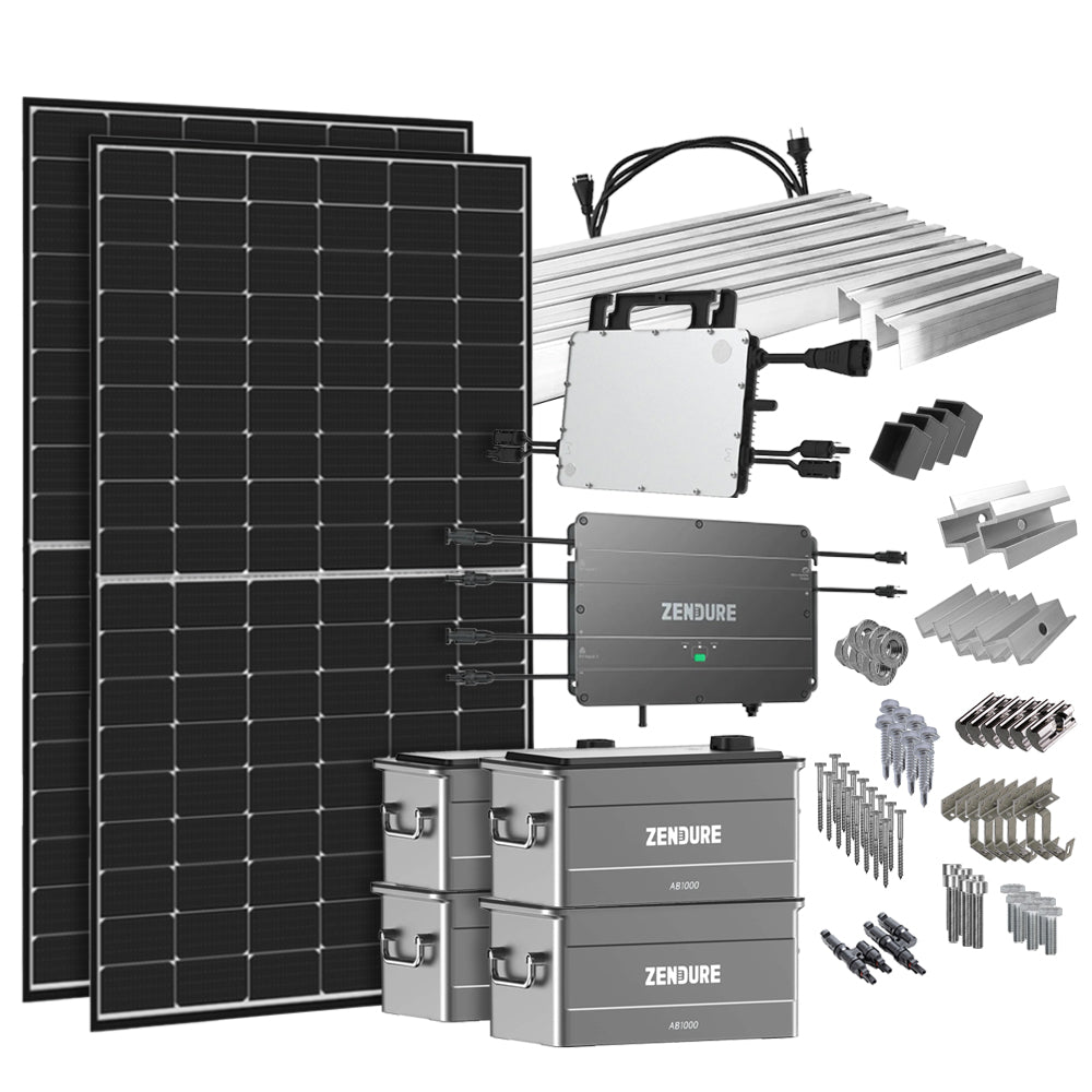 Offgridtec® SolarFlow 3,84 kWh Speicher 880W HMS-800W-2T Balkonkraftwerk mit Schuko-Anschluss - 5m Anschlusskabel - Montageset Ziegeldach