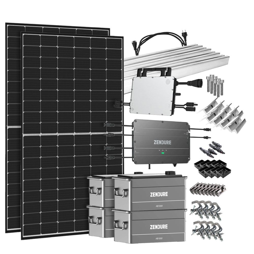 Offgridtec® SolarFlow 3,84 kWh Speicher 880W HMS-800W-2T Balkonkraftwerk mit Schuko-Anschluss - 5m Anschlusskabel - Montageset Balkongeländer