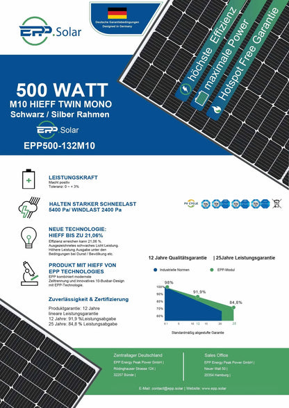 EPP 500 Watt M10 HIEFF Twin Mono Schwarz / Silber Solarmodul