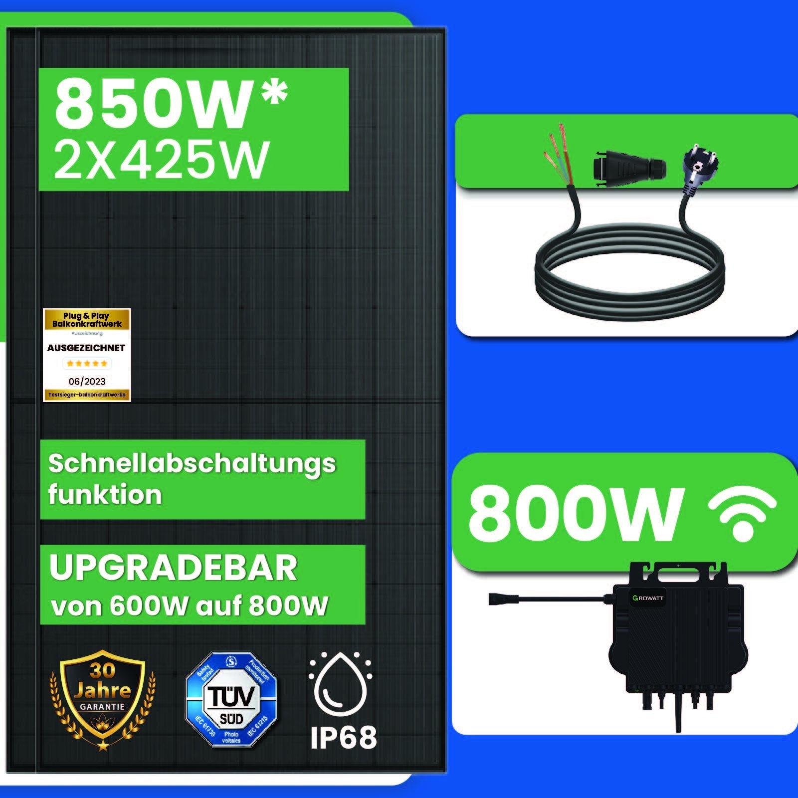 850W Balkonkraftwerk 800W Komplettset Photovoltaik Solaranlage mit Growatt NEO 800W WIFI Wechselrichter Smart Mini PV Anlage - STROMDAO / Corrently