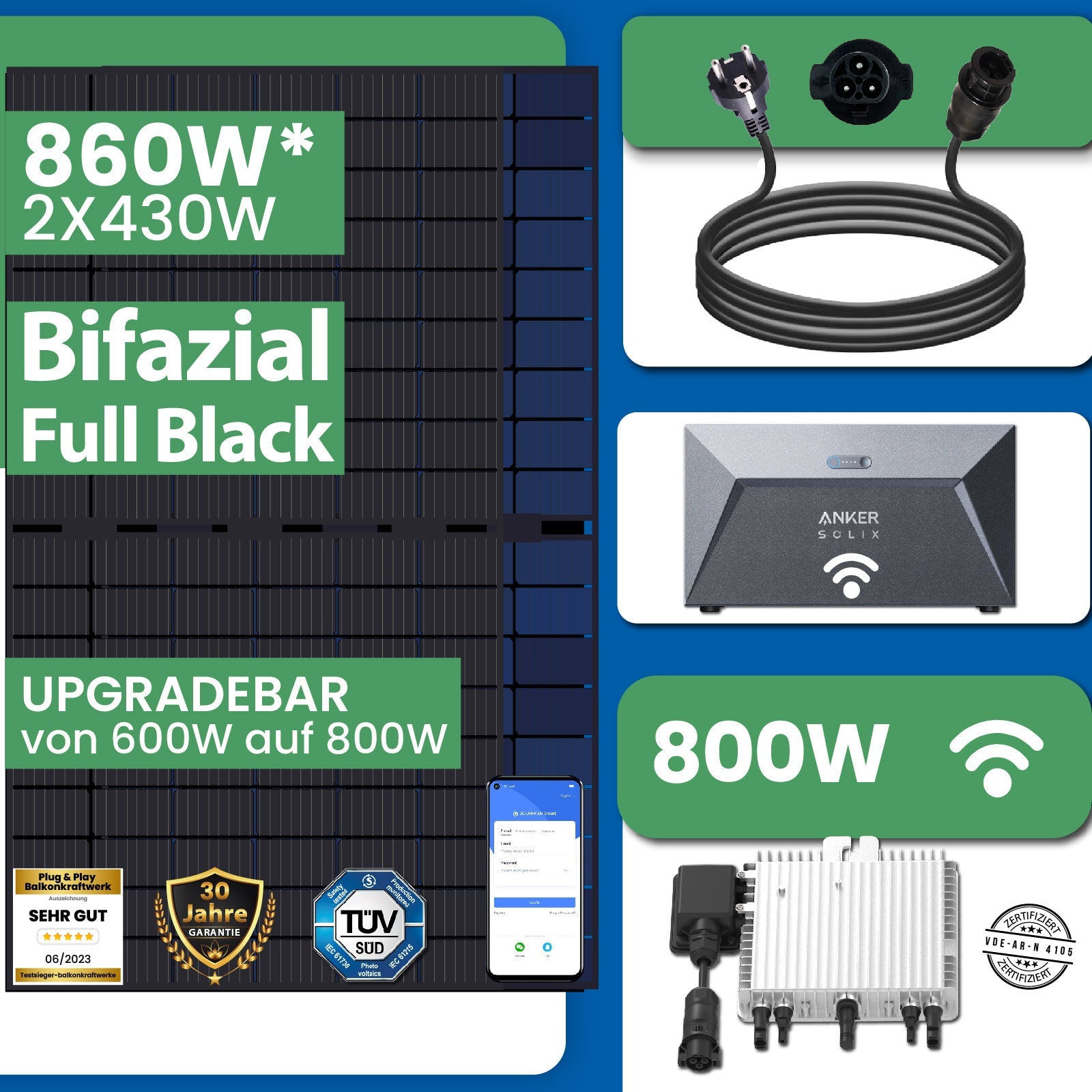 860W Balkonkraftwerk Set inkl. 2x430W Bifaziale Solarmodule, Anker SOLIX Solarbank E1600 Solarspeicher, 10m Schukostecker und Neu Generation Upgradefähiger Deye 800W WIFI Wechselrichter mit Relais - STROMDAO / Corrently