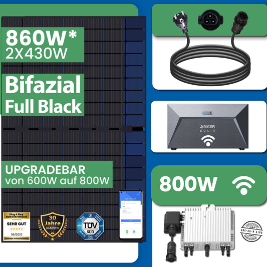 860W Balkonkraftwerk Set inkl. 2x430W Bifaziale Solarmodule, Anker SOLIX Solarbank E1600 Solarspeicher, 10m Schukostecker und Neu Generation Upgradefähiger Deye 800W WIFI Wechselrichter mit Relais - STROMDAO / Corrently