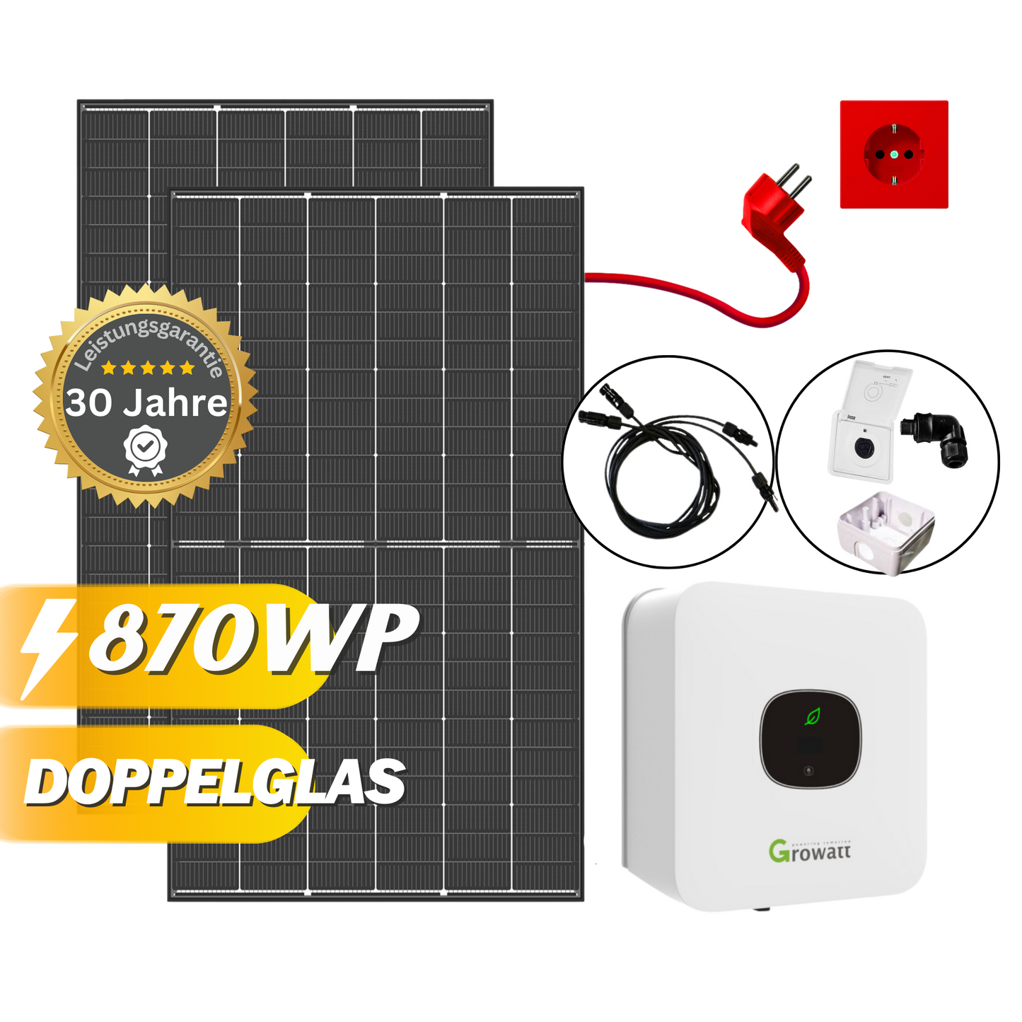 Balkonkraftwerk Set 870Wp / 600W mit Trina Solar Vertex S+ und Growatt MIC 600TL-X, Mini-Solaranlage, Plug and Play