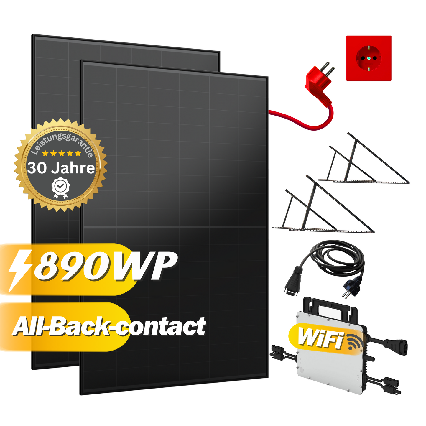 Balkonkraftwerk Komplettset 890Wp / 800W mit AIKO Solar 445Wp und Hoymiles HMS-800W-2T inkl. Anschlusskabel und Befestigung