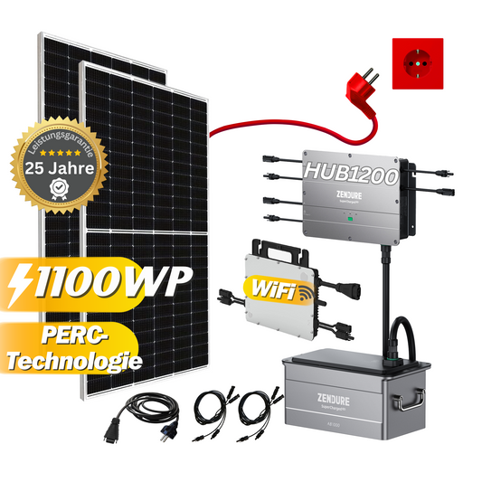 Balkonkraftwerk mit Speicher 1100Wp / 800W mit Canadian 550Wp und Hoymiles HMS-800W-2T, Anschlusskabel und Zendure Solar Flow