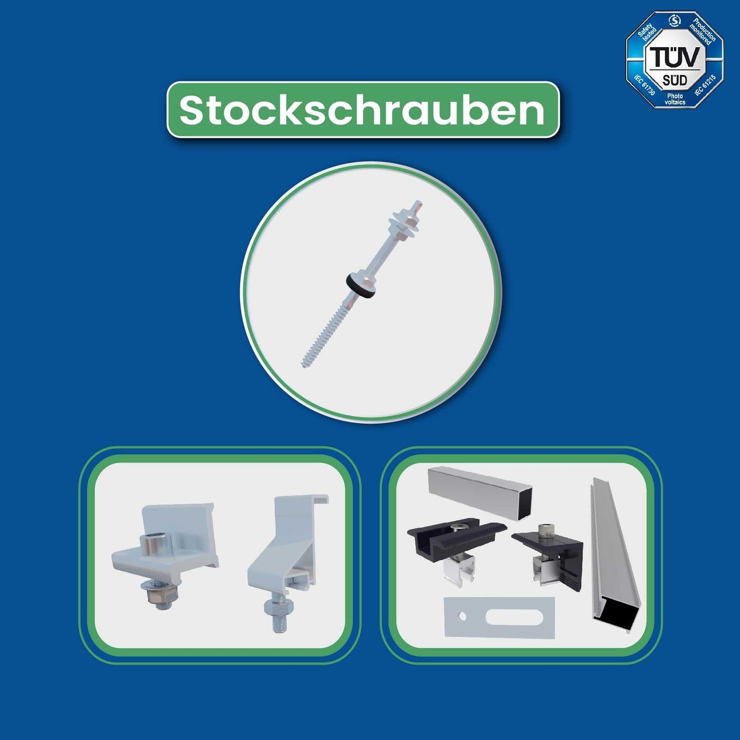 Stockschrauben PV Montagesystem für Wellblech, Blechdach, Wellplatten, geeignet für 2 Module (Variante: Zusammenhängend / Einzelmontage: 2 Module getrennt montiert)