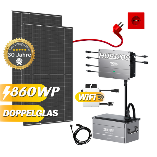 Starter Set Balkonkraftwerk mit Speicher 860Wp / 400W mit Trina Vertex S+ und HMS-400-1T, Anschlusskabel und Zendure Solar Flow