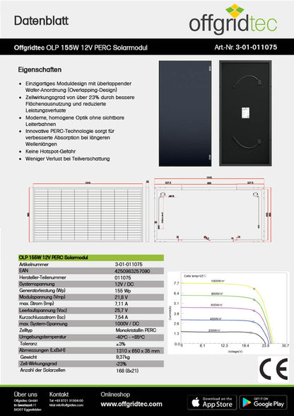 Offgridtec® OLP 155W Solarpanel 12V Schindeltechnologie PERC