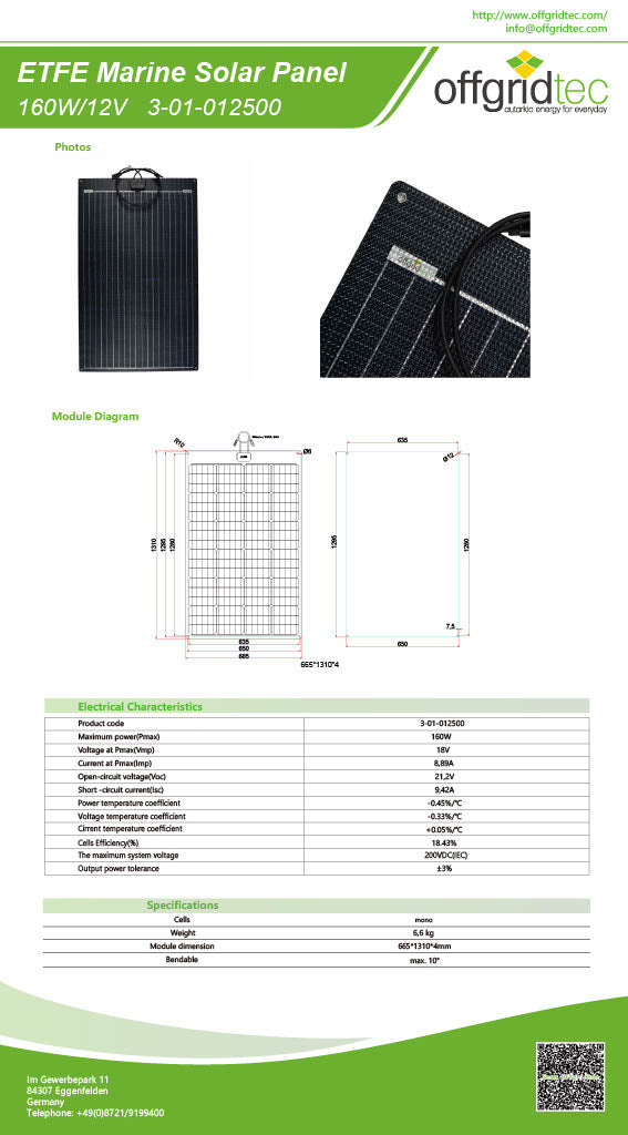 Offgridtec® ETFE-AL 160W 12V semiflexibles Solarmodul
